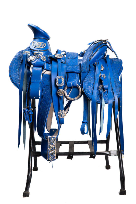 MONTURA COLA DE PATO CON CANTINAS GUARDA CINCELADAS AZUL CON MEDIA GALA Y HERRAJE ZAMAC JOYERO