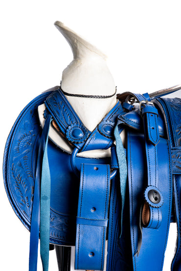 MONTURA DE GUARDA CINCELADAS AZUL COLA DE PATO CON CANTINA Y FUSTE FORRADO NORMAL