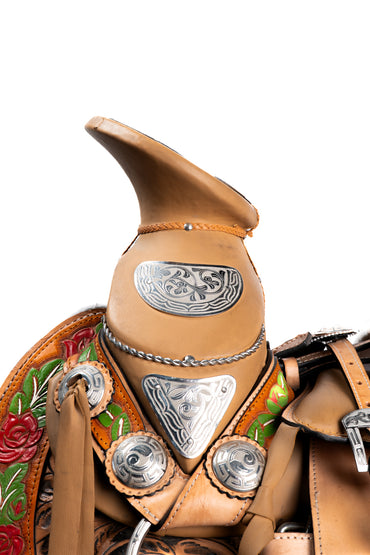 MONTURA COLA DE PATO CINCELADA Y PINTADA A MANO MODELO ROSAS ROJAS CON HOJAS EN COLOR NATURAL DE MEDIA GALA Y HERRAJE EN ACERO MONEL