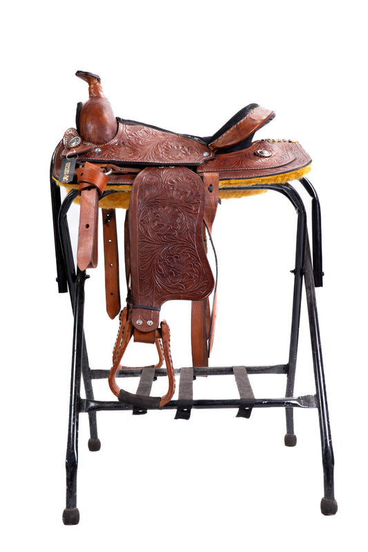 MONTURA TEXANA GRABADA COCIDA A MANO FUSTE 16 CHOCOLATE