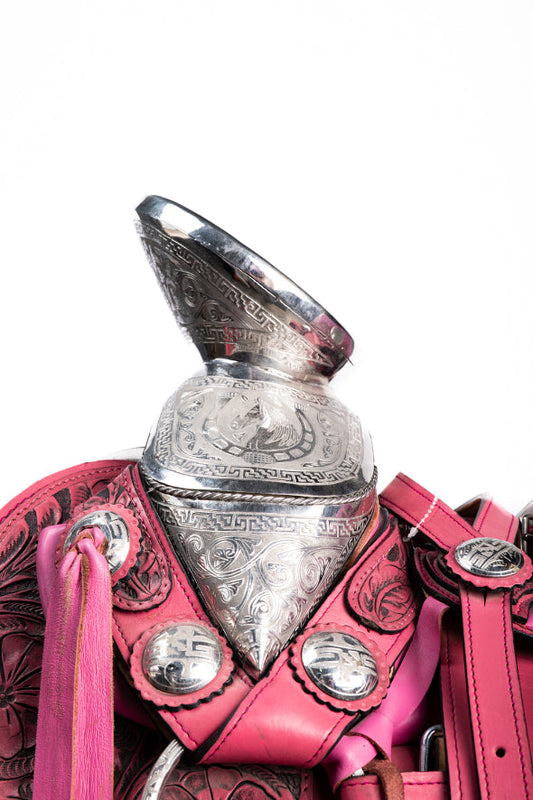 MONTURA COLA DE PATO CINCELADAS A MANO ROSA FUSTE Y HERRAJE MONEL