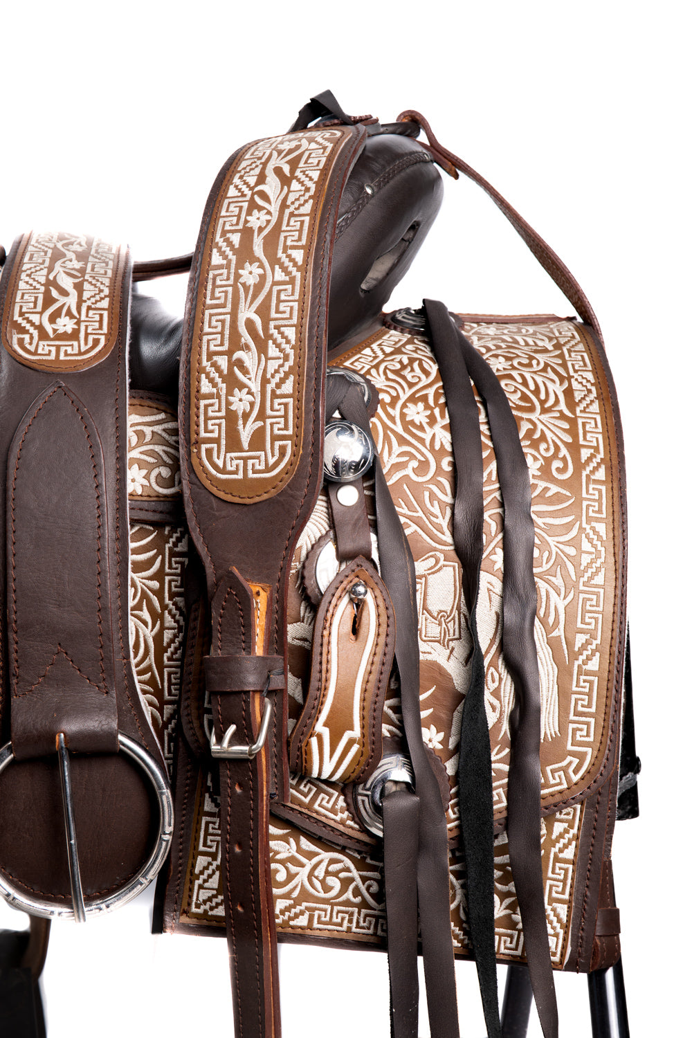 MONTURA BORDADA EN HILO DE ALGODÓN VAQUETA 4 CHOCOLATE C/ HERRAJES CUADRADA