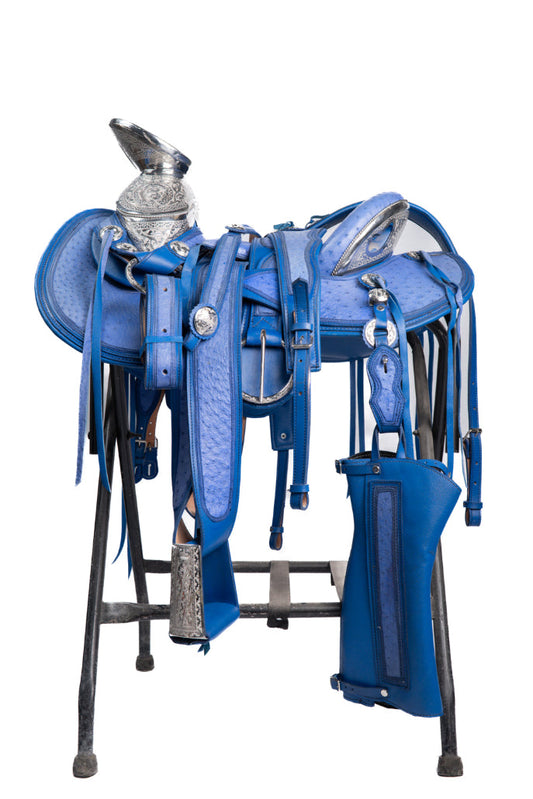 MONTURA EN PIEL DE AVESTRUZ COLA DE PATO AZUL FUSTE Y HERRAJE DE ACERO MONEL